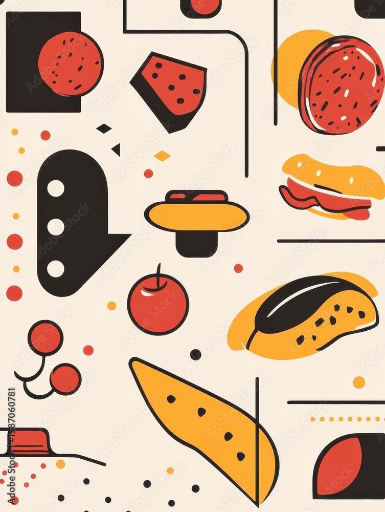 Poster bold memphis-style pop-art design featuring floating abstract food shapes and geometric elements in 
