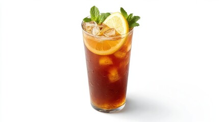 A refreshing iced tea with lemon slices and mint. Featuring freshness and zest