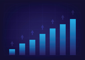 Stock and investment concept. Upper arrow with bar graph on a table background. Bullish market, profit of wealth, high risk high return, business growth up.
