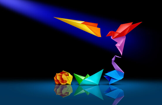 Transform And Succeed or Transformation And Success changing and growing for business leadership and change metaphor with innovation and creativity as paper transforming into a jet airplane.