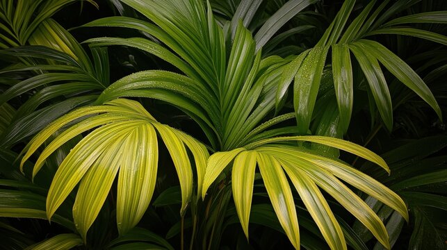 Lush Green Palm Leaves with Vibrant Yellow Highlights in Rainforest