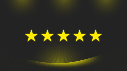 5 glowing gold stars on dark background. 5 stars rating background.