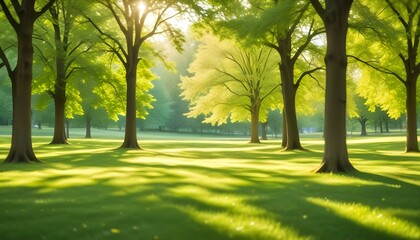 A picturesque landscape featuring a vibrant green lawn in the foreground, transitioning into a soft, blurred background of trees and foliage