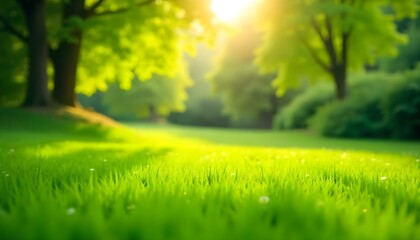 Obraz premium A picturesque landscape featuring a vibrant green lawn in the foreground, transitioning into a soft, blurred background of trees and foliage