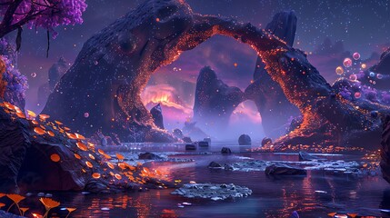 A surreal alien landscape with glowing rock arches and luminescent flowers.