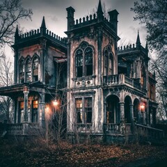 Fototapeta premium Abandoned Victorian mansion shrouded in twilight gloom 