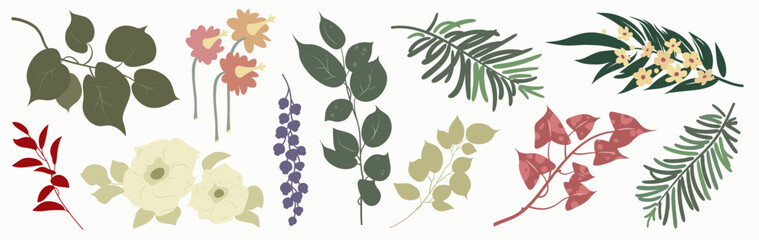 Set of hand drawn branch with leaves and flowers isolated on white background. Brush stroke floral shape elements in vintage style. Batanical design template. Vector illustration