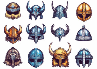 A vector icon set, Volume featuring a cartoon metal Viking warrior helmet adorned with horns, fur, and runes, isolated on a white background