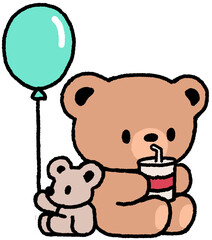 풍선과 음료수를 든 곰돌이와 쥐 캐릭터 일러스트 스티커
