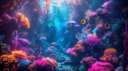 A vibrant alien coral reef with colorful, glowing corals and exotic sea creatures.