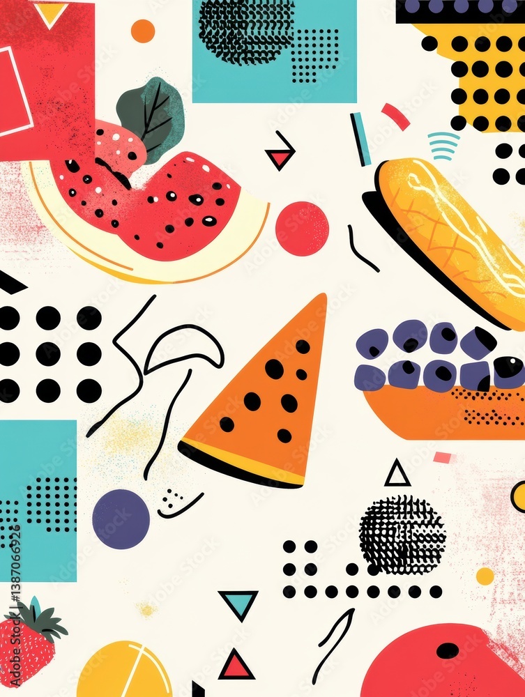 Poster Vibrant Memphis-style pop-art background with abstract food shapes and colorful geometric elements