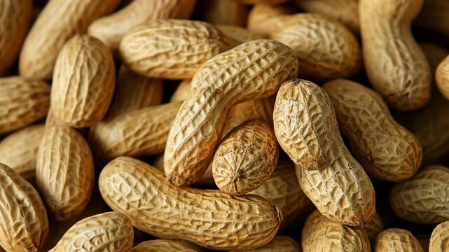 Close-up image showcases a cluster of raw peanuts in their shells, displaying their textured surface and natural color variations.