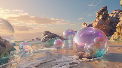 An alien beach with crystal-clear water and bizarre, iridescent shells. - obrazy, fototapety, plakaty