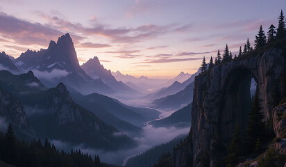 Obraz premium A majestic mountain valley at dawn, shrouded in mist. A large stone archway is visible on a cliff edge. Epic fantasy landscape.