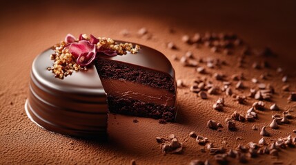 A rich chocolate cake with a glossy ganache topping and a slice removed to reveal a moist interior. Featuring indulgence and comfort