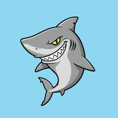 Fototapeta premium Cartoon Shark with Evil Grin on Blue Background - Vector Illustration