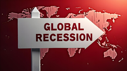 White arrow sign reading “Global Recession” over red world map background symbolizing financial crisis, economic downturn, market crash, inflation, unemployment, and international fiscal instability.