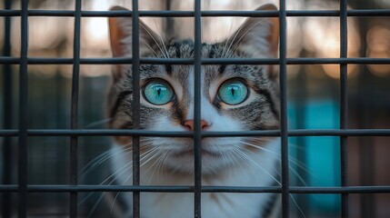 Tabby cat with glowing cyan eyes gazes through a black cage, sunset colors blurred in background