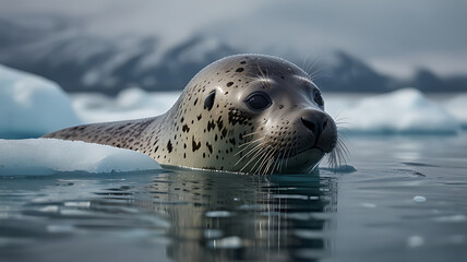 A close-up of a spotted seal swimming in icy waters