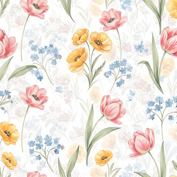 Delicate pastel tulips and poppies dance across a soft white canvas, creating a dreamy floral tapestry with gentle watercolor hues.