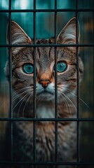 Striped tabby cat peers through a black wire cage, blue-green eyes glowing in dim teal lighting