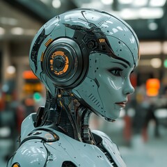 metal style robot girl as customer service agent in profile, corporate style, business, white background
