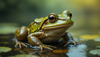 Fototapeta premium A green frog resting on a lily pad in a tranquil pond