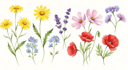 A vibrant summer meadow bursting with wildflowers, showcasing cheerful poppies, delicate cosmos, and sunny daisies in a watercolor painting style.