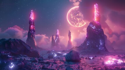 An alien plateau with glowing rock pillars and mysterious energy fields.