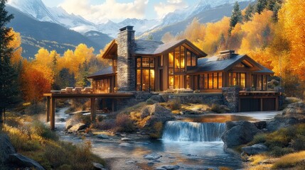 Autumn Mountain Home, Waterfall, Luxury Real Estate