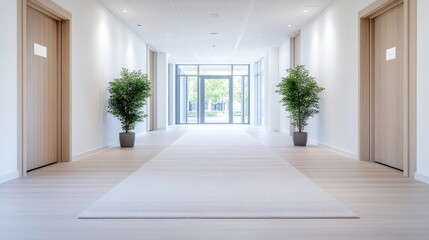 Fototapeta premium Modern Hallway Plants and Doors Minimalist Style High-Resolution Bright Lighting Long Shot View Light Wood Flooring Tranquil Atmosphere Bright Exterior Perfect for Real Estate Listings