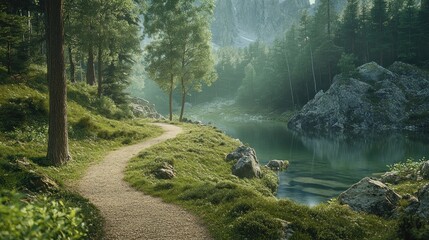 Winding path by misty mountain lake, sunrise
