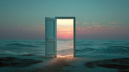 A classic six-panel door standing in a void, open to reveal a quiet shoreline at dusk, sun dipping below waves