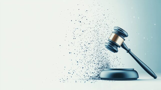A gavel appears to disintegrate into particles, symbolizing justice or legal systems in transformation.