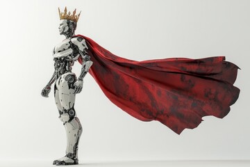 arrogant robot with crown and red cape fluttering, side view, wide angle, isolated white background, advertisement