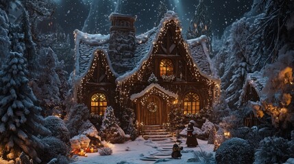 Magical Snow Covered Christmas Cottage at Night