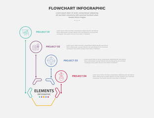 flowchart infographic outline style with 4 point template with big outline circle with arrow from bottom to top for slide presentation
