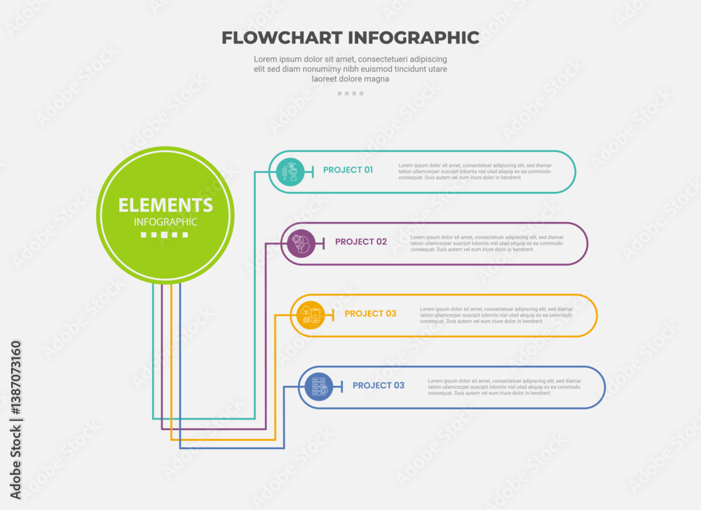 Poster flowchart infographic outline style with 4 point template with big circle and long line up and down 