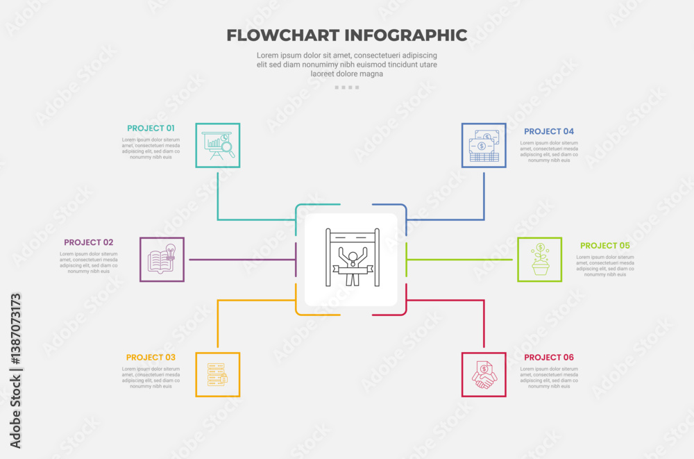 Aufkleber flowchart infographic outline style with 6 point template with square box with symmetric balance spr