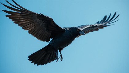 Obraz premium A black crow soaring through a clear blue sky, wings outstretched against the vibrant backdrop