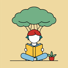 Student reading a book under a tree