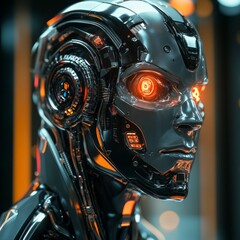 Fototapeta premium Artificial intelligence Robot Head photo half human half robot, very detailed, bright lighting