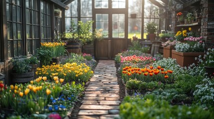 Sunlit Greenhouse Garden Path: A Tapestry of Spring Blooms
