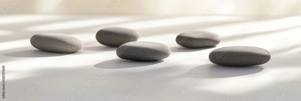 Leinwandbilder Minimalist arrangement of smooth river stones on a white surface in gentle light, creating a tranquil and serene aesthetic for mindful spaces