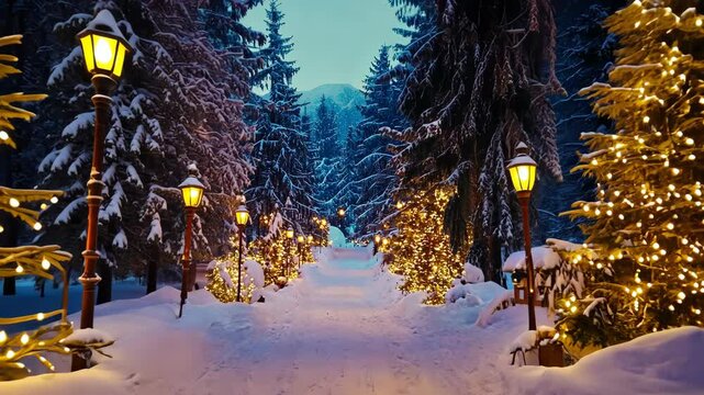 Enchanting winter wonderland scene with snow-covered path, illuminated vintage lampposts, and festive golden Christmas lights on evergreen trees.