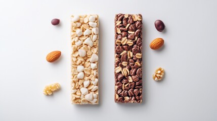 Two types of nut bars, one with light toppings and the other with dark ingredients, surrounded by assorted nuts on a clean, minimalist background.