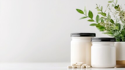 Two jars of creamy substance, accompanied by a small plant arrangement, set against a minimalist background.