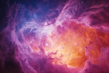 A vibrant nebula, swirling clouds of purple, pink, and orange gas illuminated by distant stars.