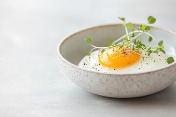A close-up of a poached egg garnished with microgreens and black pepper in a textured bowl, showcasing a fresh, minimalist aesthetic.