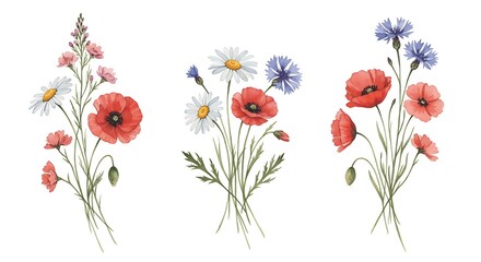 Vibrant watercolor bouquets of poppies, daisies, and cornflowers, evoking a feeling of summer meadows and delicate beauty.